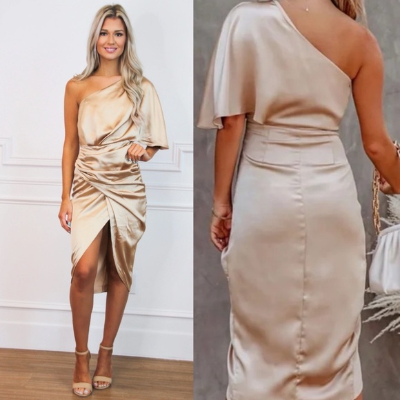NEW DO+BE One Shoulder Satin Champagne Dress Cocktail Evening Party Night Out XS - Picture 1 of 11